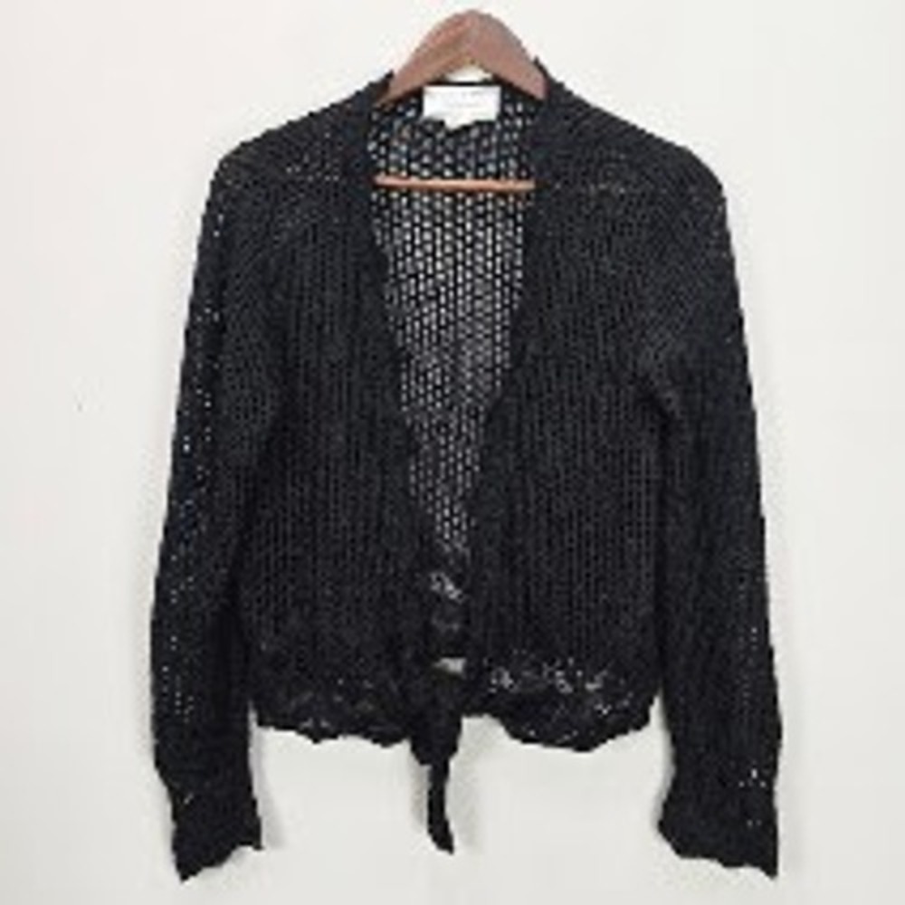 Vintage Y2K Open Knit Cardigan L Black Tie Whimsigoth Coastal Resort Coverup USA